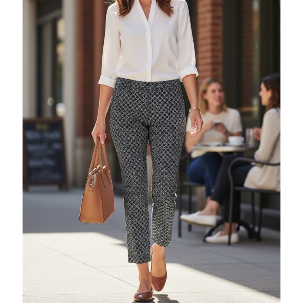Van Heusen Skinny Women's Cropped Ankle Pants Black White Geometric Print- US 2